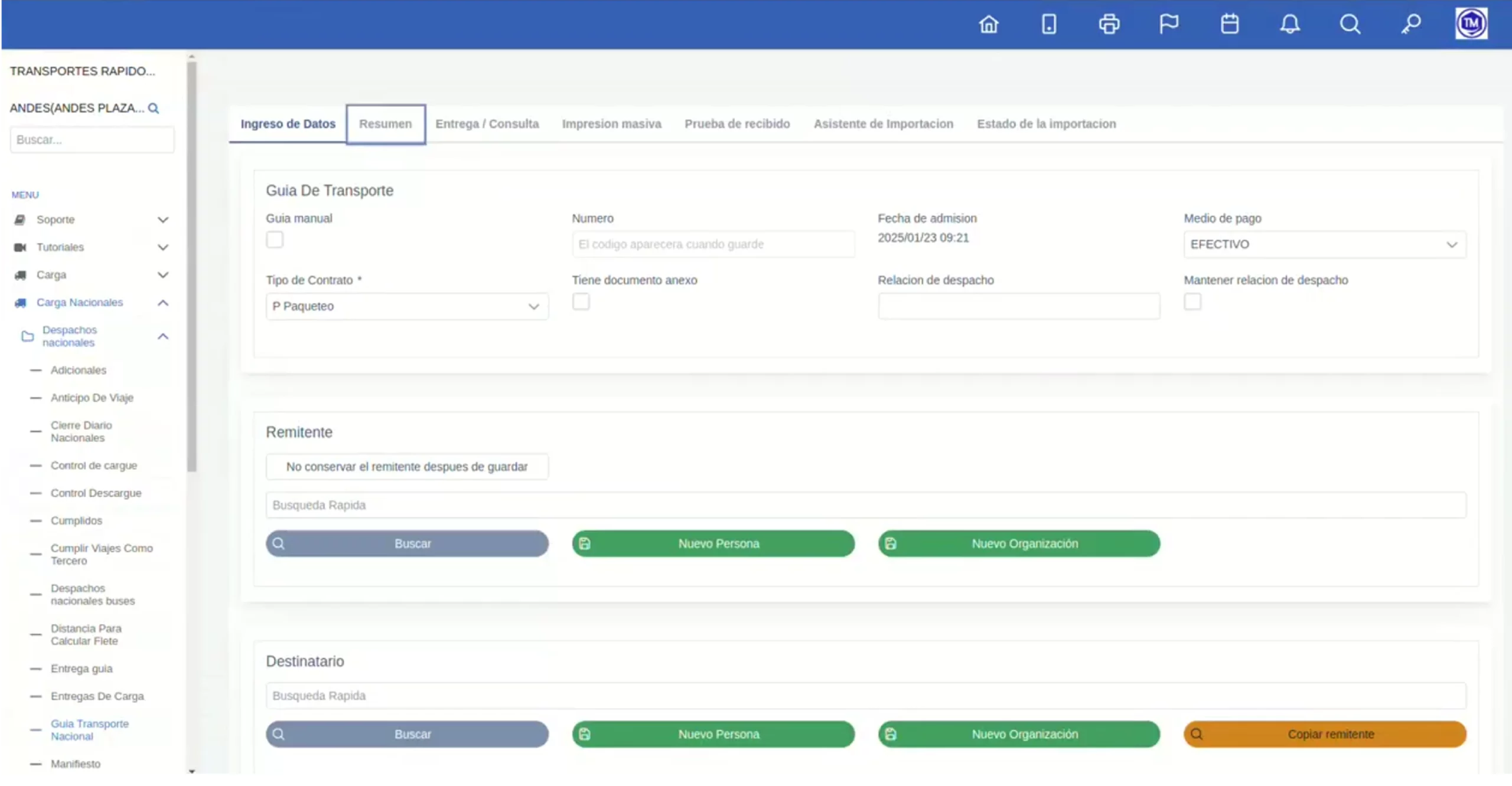 Pantalla Carga Nacional